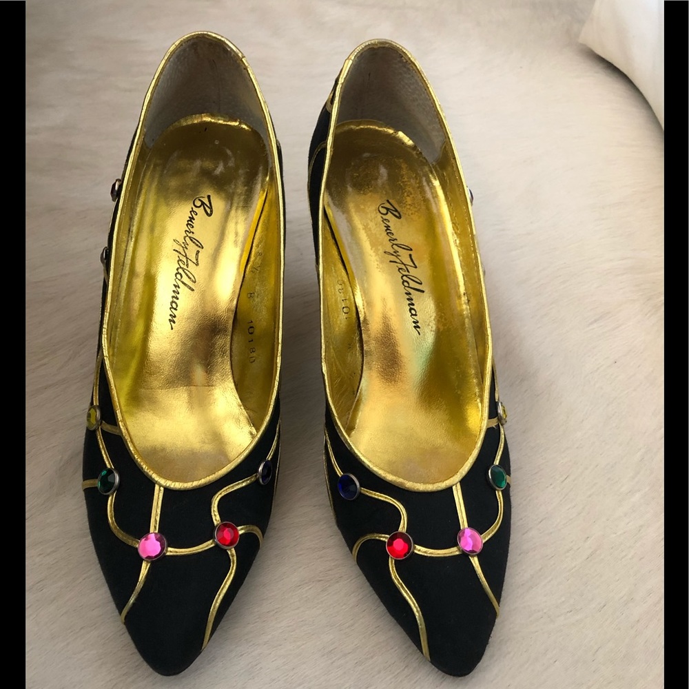 Beverly Feldman jeweled satin pumps